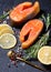 Smoked arctic char steaks with lemon, top view