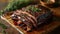 smoked brisket with a flame-kissed edge, adorned with fresh herbs, under the beautiful sunlight of a serene country