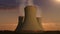 Smoked cooling tower of nuclear power plant, thermal power plant, sunset view image.