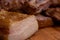 Smoked pork ribs, sliced lard, meat on wooden board