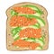 Smoked salmon and avocado on spelt toast bread. Delicious avocado and lox sandwich. Vector illustration.