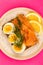 Smoked Salmon With boiled Eggs Open Face Sandwich On Rye Bread W