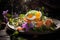 Smoked salmon and soft-boiled eggs on a bed of greens, garnished with edible flowers