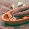 Smoked sausage chourico on brown ceramic dish