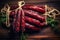 Smoked sausage. Delicate tasty sausages on a wooden table. Traditional meat farm products