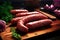 Smoked sausage. Delicate tasty sausages on a wooden table. Traditional meat farm products