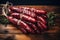 Smoked sausage. Delicate tasty sausages on a wooden table. Traditional meat farm products