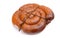 Smoked sausage twisted in a spiral and bound with a beechnut, isolated on a white background.