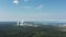 Smoking cooling towers at nuclear power plant. Aerial view