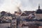 Smoking roof in Dubrovnik old town detail with churchtower, Croatia