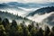 Smoky cloudy mountains trees valley. Generate AI