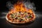 Smoky and fiery backdrop enhances pizza presentation. Generative AI