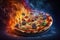 Smoky and fiery backdrop enhances pizza presentation. Generative AI