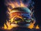 Smoky fire fantasy Burger delicious hamburger with flaming lights wallpaper background Art