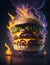 Smoky fire fantasy Burger delicious hamburger with flaming lights wallpaper background Art