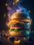 Smoky fire fantasy Burger delicious hamburger with flaming lights wallpaper background Art