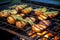 smoky grilled potatoes on open fire grill, fresh rosemary placed on top