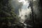 smoky jungle scene with towering trees and misty waterfall