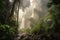 smoky jungle scene with towering trees and misty waterfall