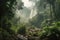 smoky jungle scene with towering trees and misty waterfall