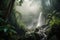 smoky jungle waterfall, with misty spray and roaring waterfalls