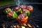 smoky stuffed bell peppers revolving over a charcoal barbecue
