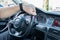Smolqn, Bulgaria - march 22, 2019 - Man driving Audi, transportation concept, hands holding steering wheel white driving,road