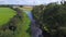 Smooth aerial top view flight drone. Sport paddle boat on natural German River