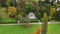 Smooth aerial top view flight drone. Weimar garden house goethe park german fall