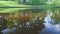 Smooth and calm pond surface in the old city park. Urban environment