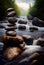 Smooth Glossy Wet River Stones Stacked to Form a Tower on a Picturesque Rocky Stream with Lush Forest background AI Generative