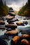 Smooth Glossy Wet River Stones Stacked to Form a Tower on a Picturesque Rocky Stream with Lush Forest background AI Generative