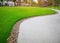Smooth green grass lawn, trees with supporting and shrub in a good maintenance landscape and garden, gray curve pattern walkway