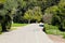 A smooth long paved walking path through the garden with lush green trees and plants along the path with blue sky