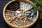 smooth pebbles arranged in a circle inside a bamboo tray