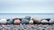 Smooth pebbles arranged on a serene rocky beach, with calm blue ocean in the background. Quiet seascape. Generative AI