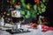 Smooth shady christmas and new year decoration background with round bokeh and cup of coffee with marshmallow