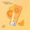 Smoother and brighter skin. Orange extract cosmetic cream cleansing tube with vitamin C, orange slices.