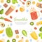 Smoothie Banner Template with Healthy Vitamin Drinks and Ingredients Seamless Pattern, Tasty Natural Detox Cocktail
