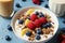 Smoothie bowl with fruits, muesli, strawberries, slices, generative ai, healthy food.