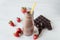 Smoothie chocolate with strawberry or milkshakes, natural and organic drink in the glass jar