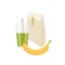 Smoothie cup, banana, paper bag with lunch. Plastic takeaway cup with green liquid. Healthy sneck. Fresh energetic drink
