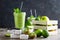 Smoothie with fresh green apple, kiwi and lime. Summer vitamin refreshing beverag