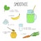 Smoothie recipe with a bottle and ingredients. Detox, healthy eating.