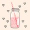 Smoothie strawberry in jar, pink healthy vector illustration.