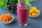 Smoothies from assorted: strawberry, sea buckthorn, blackberry, cherry, mint in a glass