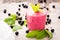 Smoothies with black currant and yogurt and mint leaves
