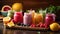 Smoothies of fruit, vegetables, and lemon juice displayed on a wooden board, in the style of color stripes, cute and colorful