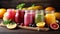 Smoothies of fruit, vegetables, and lemon juice displayed on a wooden board, in the style of color stripes, cute and colorful