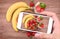 Smoothies with oatmeal ,strawberry in glass jars